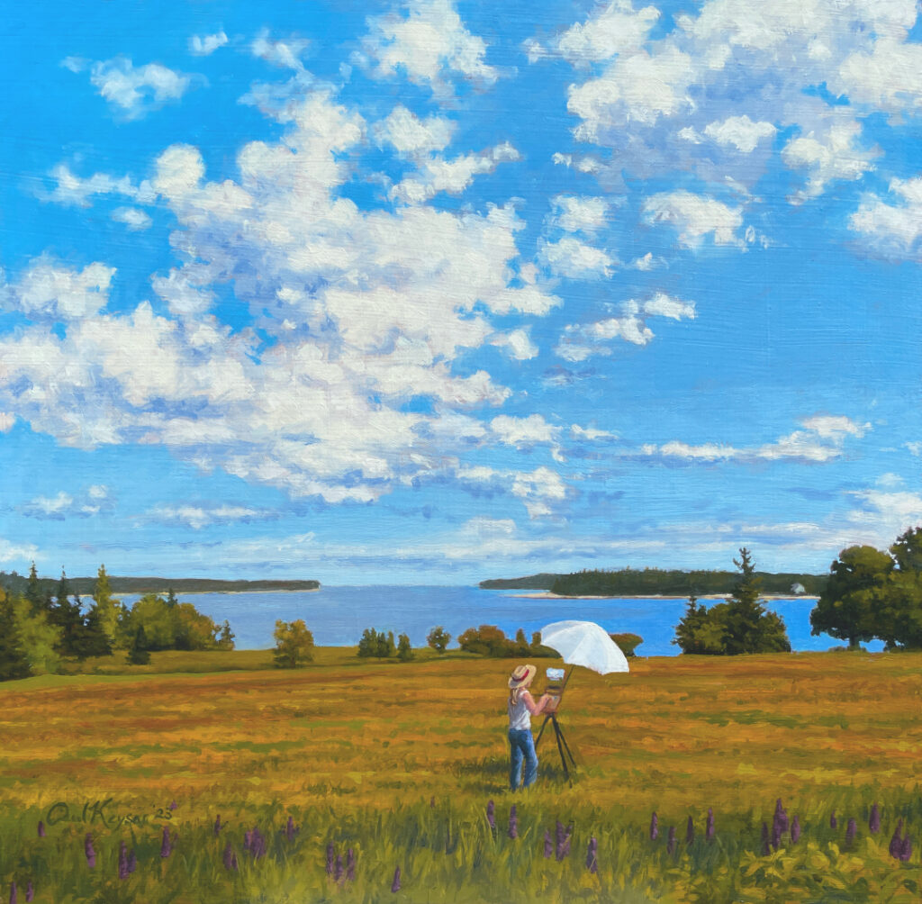 Artist Painting View of Great Cranberry Island an oil painting by the artist Paul Keysar of a plein air painter in a field on Mount Desert Island, Maine