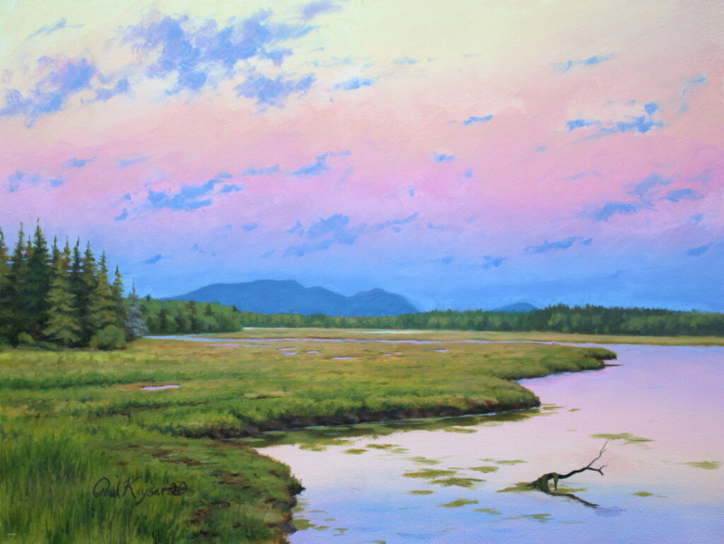 Bass Harbor Marsh Sunset is an oil painting by the artist Paul Keysar depicting sunset over a marsh in Bass Harbor, Maine, with the mountains of Acadia National Park in the background