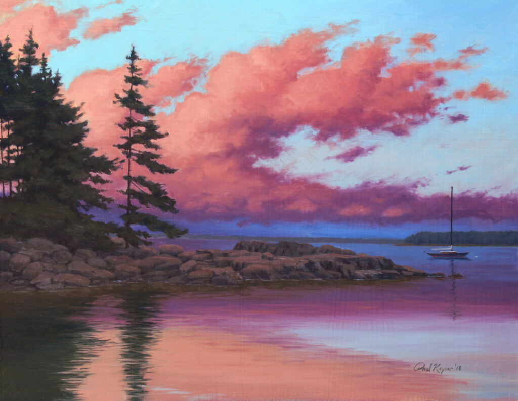 Clouds Over the Cranberry Isles is an oil painting of Maine by the artist Paul Keysar depicting a vivid sunset over the water