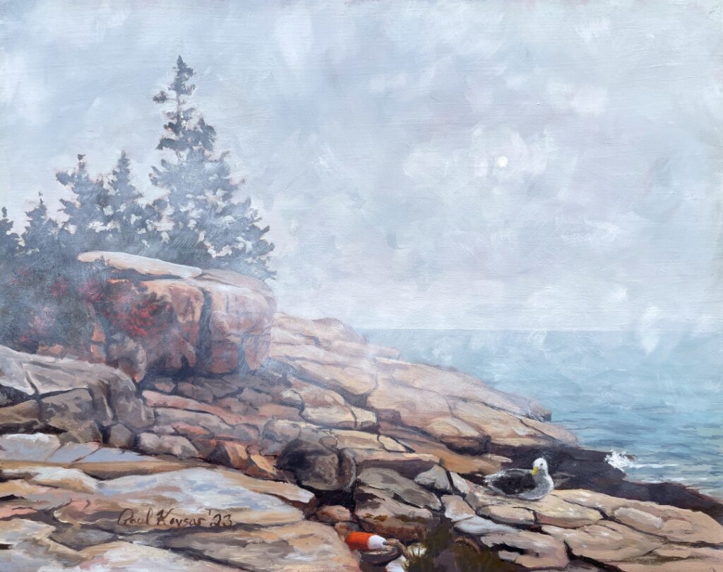 Coastal Maine Fog is a painting of Maine by the artist Paul Keysar which depicts the rocky coast of Mount Desert Island covered in a layer of fog
