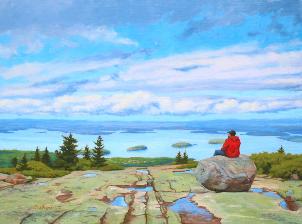 Enjoying the View from Cadillac Mountain is an oil painting by the artist Paul Keysar showing a person looking out from Cadillac Mountain to the town of Bar Harbor, Maine, and the Porcupine Islands
