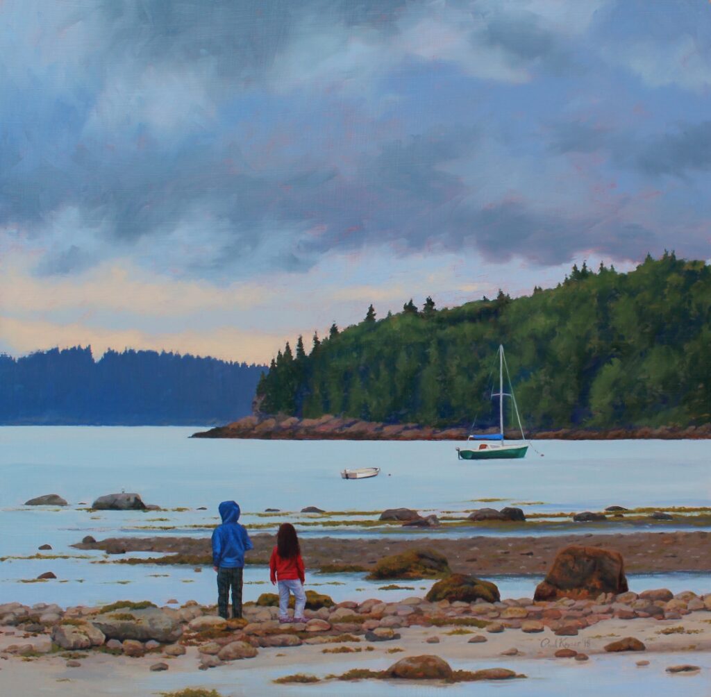 Exploring at Low Tide is an oil painting by the artist Paul Keysar depicting two children on the Bar Island path at low tide from Bar Harbor, Maine