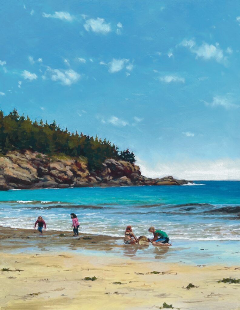 Children Playing at Sand Beach is an oil painting by the artist Paul Keysar showing four children playing at Sand Beach on Mount Desert Island in Maine with Great Head in the background
