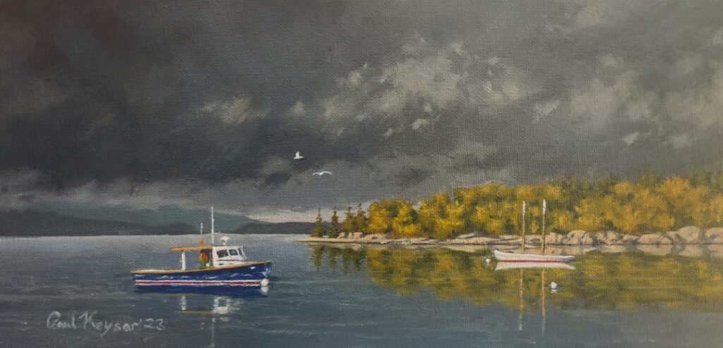 Light Breaking Through is a painting of Maine by Paul Keysar depicting boats on the water with storms clouds overhead