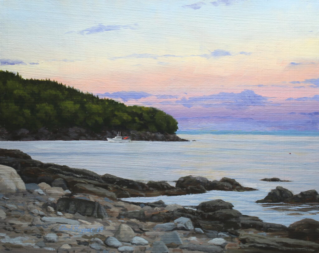 Off the Coast of Maine is an oil painting by the artist Paul Keysar depicting a boat on the water near a rocky coast