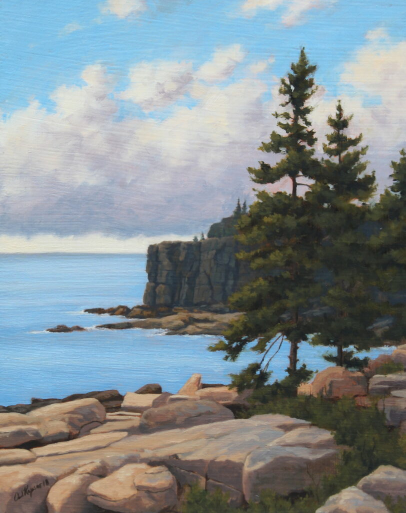 Otter Cliff is an oil painting by the artist Paul Keysar depicting a view of the cliff from the Ocean Path in Acadia National Park