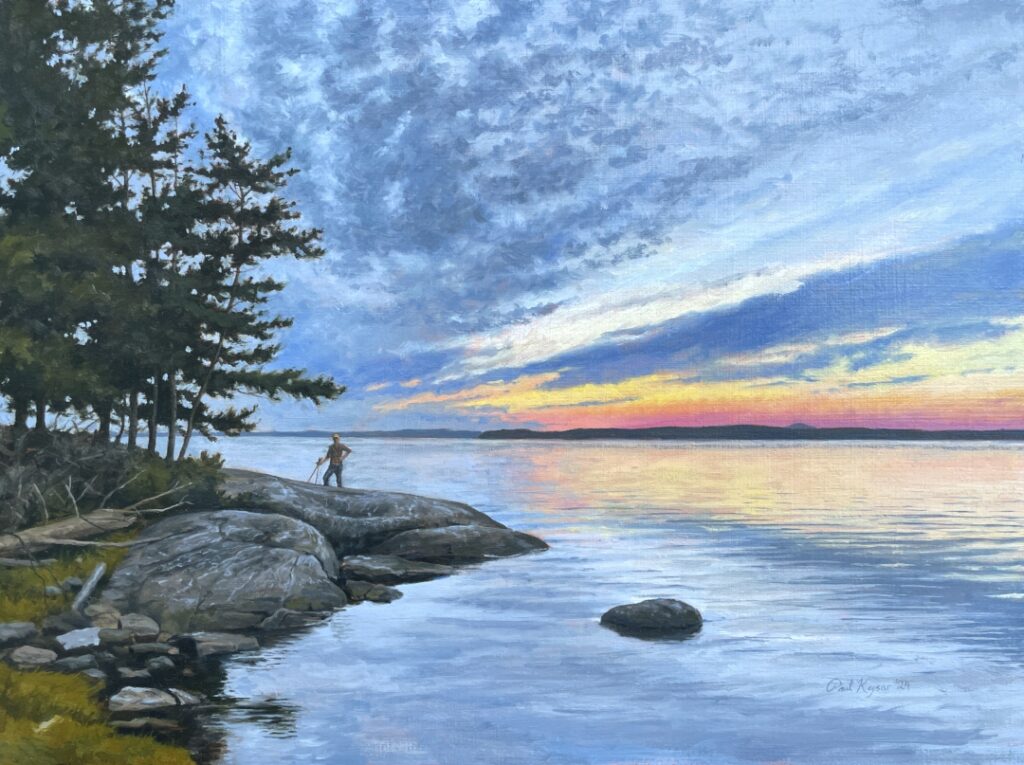 Sunset Hike Blagden Preserve is an oil painting by Paul Keysar depicting a view of Mt Desert Narrows from Indian Point on Mount Desert Island, Maine