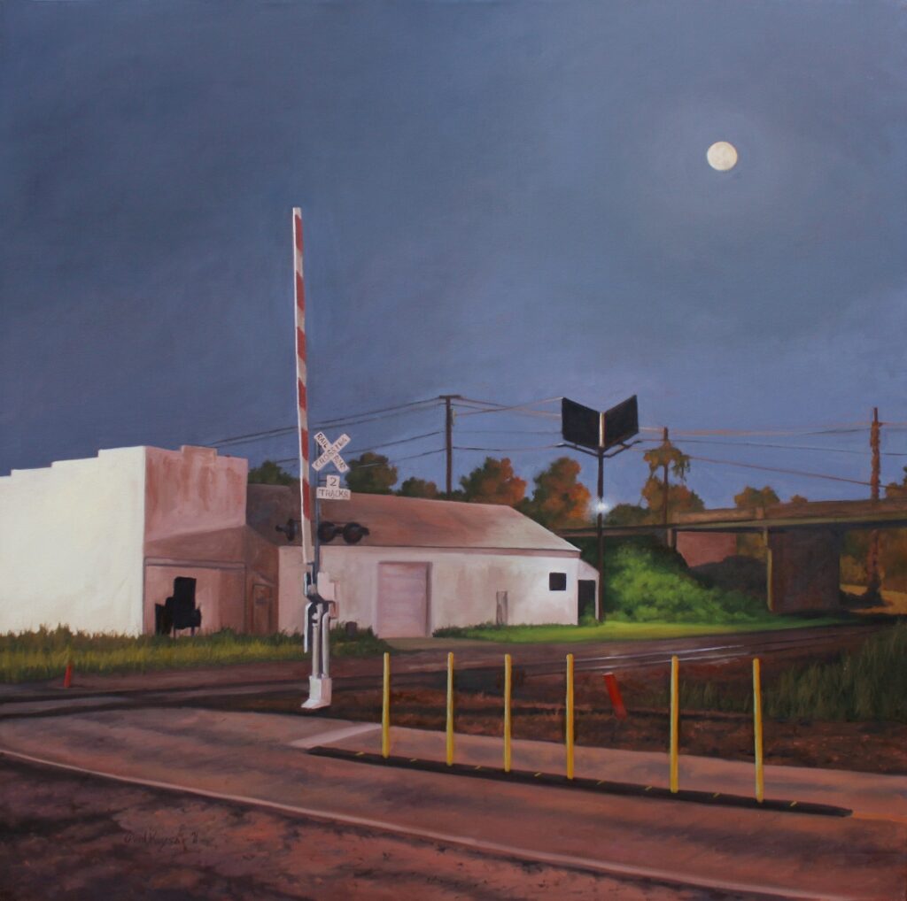 Corban Ave Railroad Crossing, Right, is a nocturne oil painting by the artist Paul Keysar of Charlotte, NC