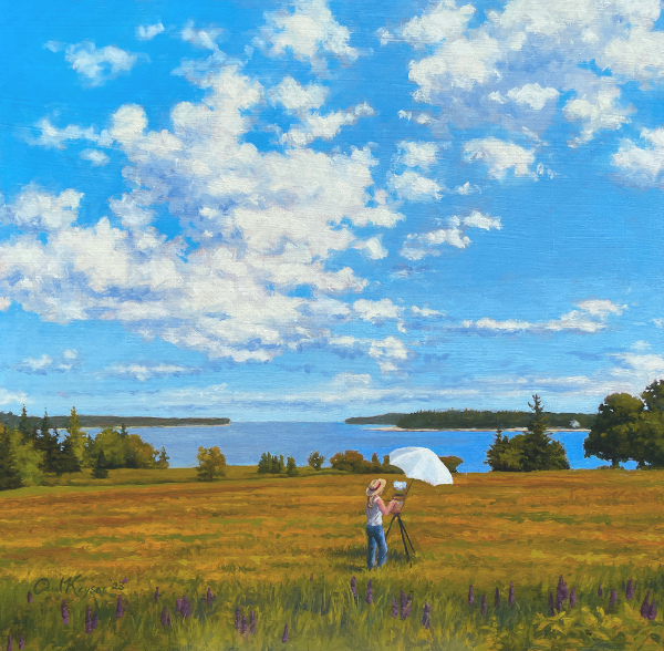 Artist Painting View of Great Cranberry Island an oil painting by the artist Paul Keysar of a plein air painter in a field on Mount Desert Island, Maine