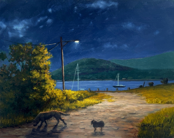 Night on the Town is a nocturne painting on Maine by the artist Paul Keysar showing two dogs walking on a path at night with a harbor and mountains in the background.