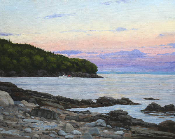 Off the Coast of Maine is an oil painting by the artist Paul Keysar depicting a boat on the water near a rocky coast