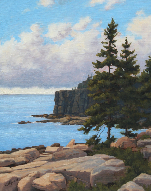 Otter Cliff is an oil painting by the artist Paul Keysar depicting a view of the cliff from the Ocean Path in Acadia National Park
