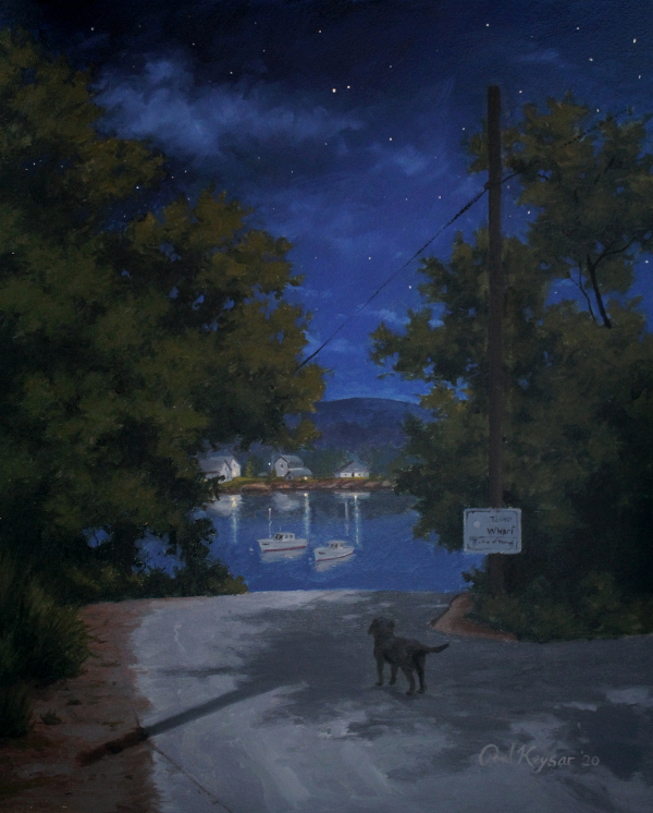Walk to the Wharf at Night is a nocturne painting by the artist Paul Keysar of a dog walking down a road leading to the Town of Tremont Wharf on Mount Desert Island, Maine