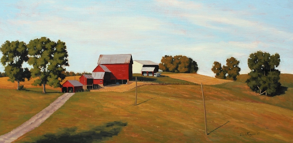 Hilltop Farm is a plein air oil painting by the artist Paul Keysar of Charlotte, NC, depicting a series of barns and rolling hills with trees