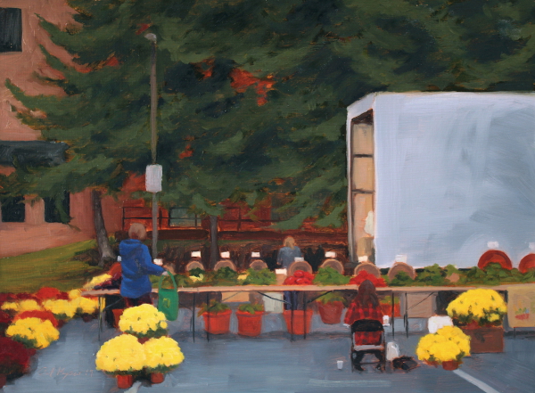 Mum's the Word is a plein air oil painting by the artist Paul Keysar of Charlotte, NC, depicting a farmer's market