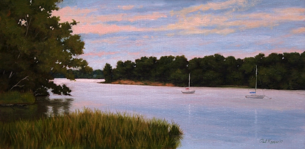 Two Boats on the Rhode RIver is a plein air oil painting by the artist Paul Keysar of Charlotte, NC