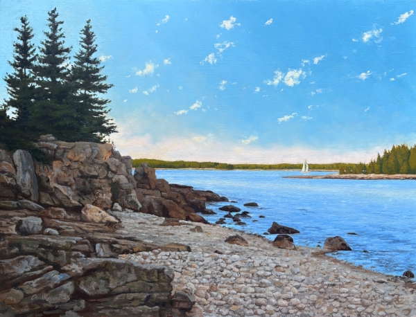 Rolling Island from Schoodic Peninsula is an oil painting by the artist Paul Keysar depicting the rocky coastline of the Schoodic Peninsula in Acadia National Park, Maine