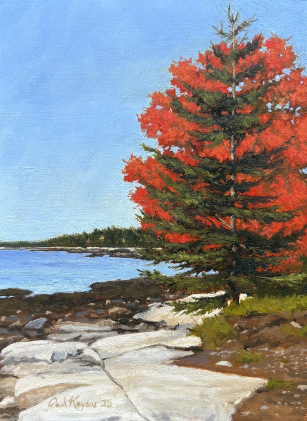 Schoodic Autumn is an oil painting by the artist Paul Keysar showing trees with autumn leaves on the rocky coastline of the Schoodic Peninsula in Acadia National Park, Maine
